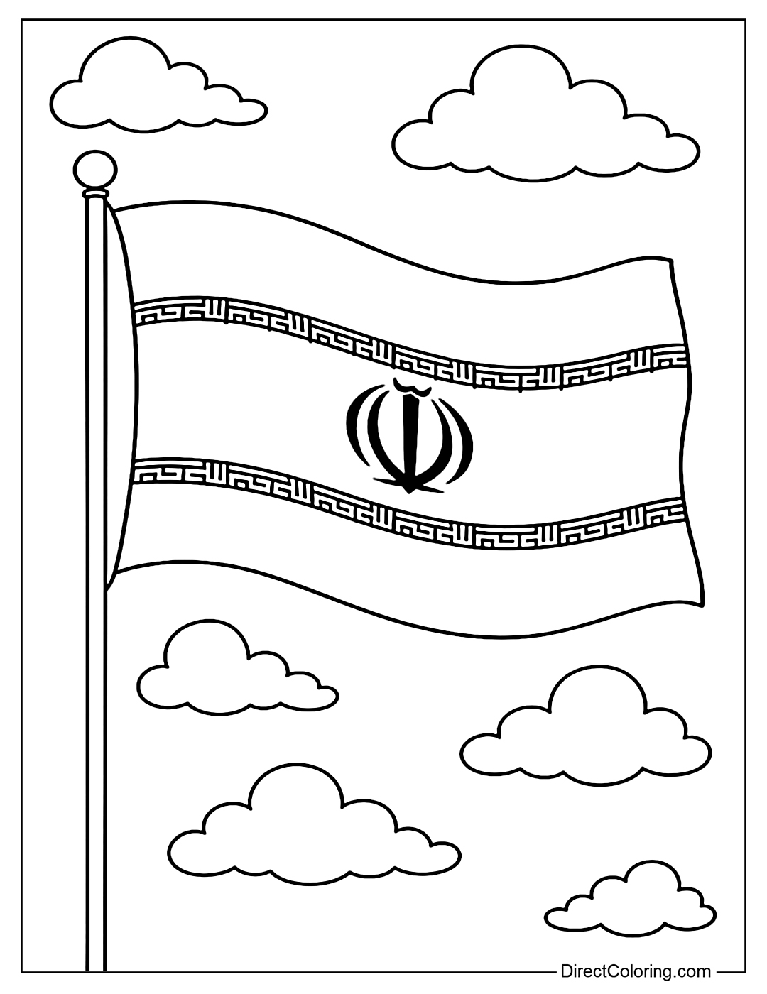 Coloring page of the Iranian flag gently blowing in the wind, with sky and clouds in the background.